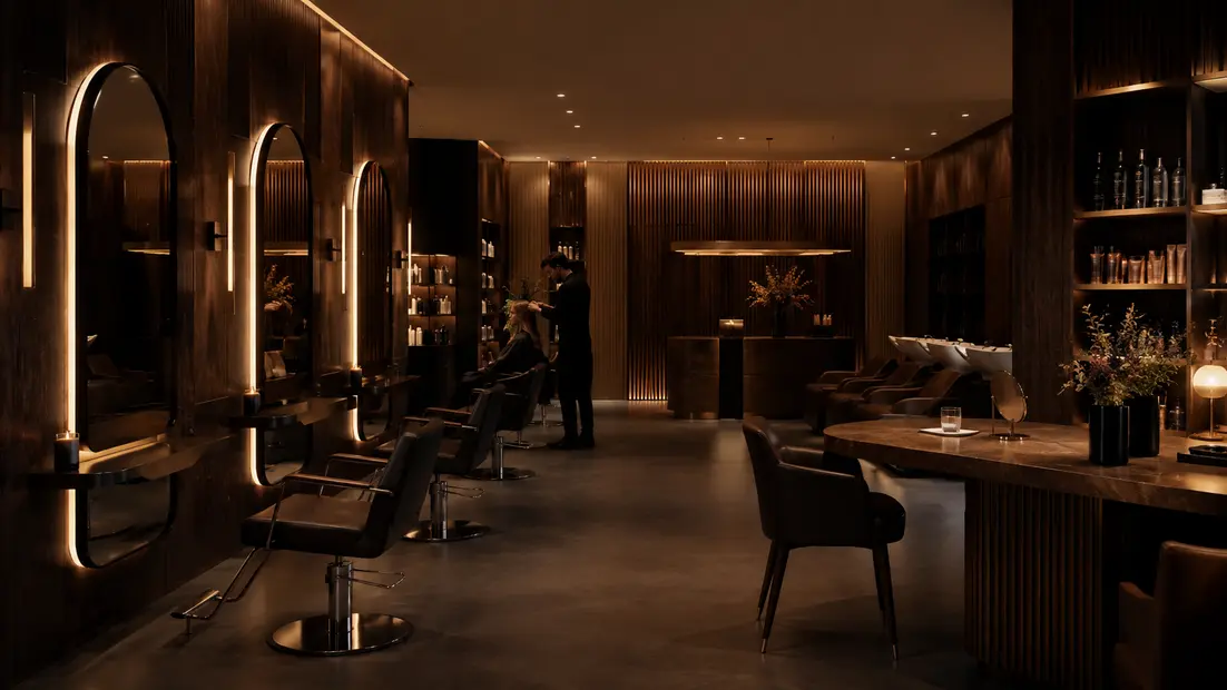 Luxuriöser moderner Friseursalon mit warmem Licht, Spiegelplätzen, Waschbereich und Produktregal